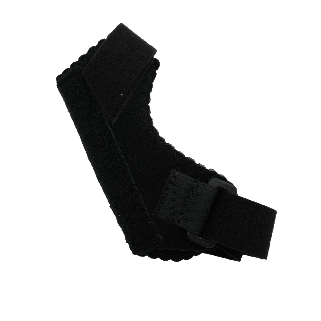 Black pediatric universal thumb support with adjustable strap and hook-and-loop closure, featuring scalloped edges, made in.