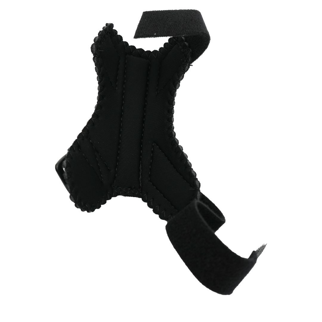 Black pediatric universal thumb support brace with adjustable Velcro straps, contoured for thumb stability, made in the USA, .