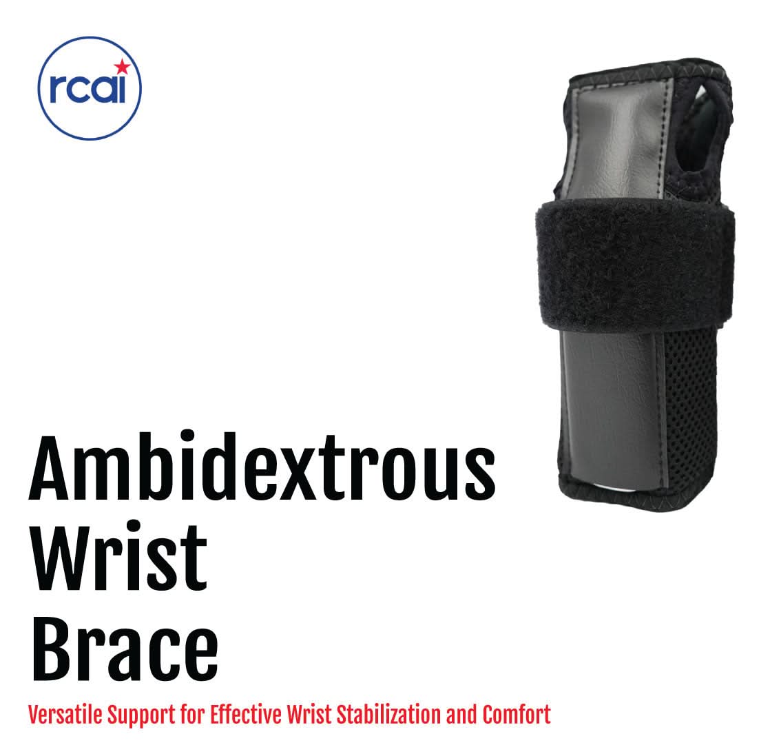 Black ambidextrous wrist brace with adjustable Velcro strap, labeled rcai, made in the USA, best orthopedic brace for b2b.