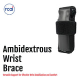 Black ambidextrous wrist brace with adjustable hook-and-loop strap, made in the USA, best orthopaedic braces by RCAI for B2B .