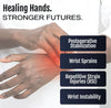 Ambidextrous wrist brace in black neoprene worn on left hand with hand highlighting pain areas, made in the USA, RCAI, best.