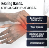 Ambidextrous wrist brace on hand with red highlight on wrist, promoting healing hands, made in the USA, rCAI, B2B.