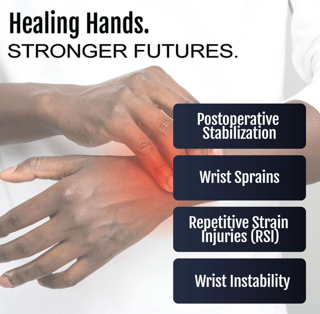 Ambidextrous wrist brace on hand with red highlight on wrist, promoting healing hands, made in the USA, rCAI, B2B.