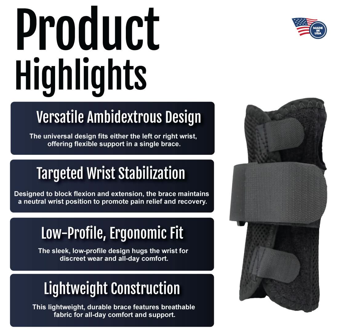 Black ambidextrous wrist brace with adjustable straps and breathable mesh, made in the USA, best orttopedic braces for b2b.