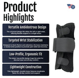 Black ambidextrous wrist brace with adjustable straps and breathable mesh, designed for versatile wrist support, made in the .