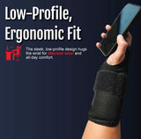 Black ambidextrous wrist brace with breathable mesh and adjustable Velcro strap, worn on right wrist, made in USA, best.
