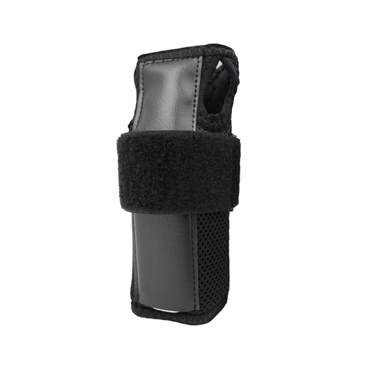 Black ambidextrous wrist brace with adjustable Velcro strap, breathable mesh sides, RCAl logo, made in the USA, best.