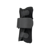 Black ambidextrous wrist brace with adjustable wide strap and two smaller velcro closures, breathable mesh fabric, made in.
