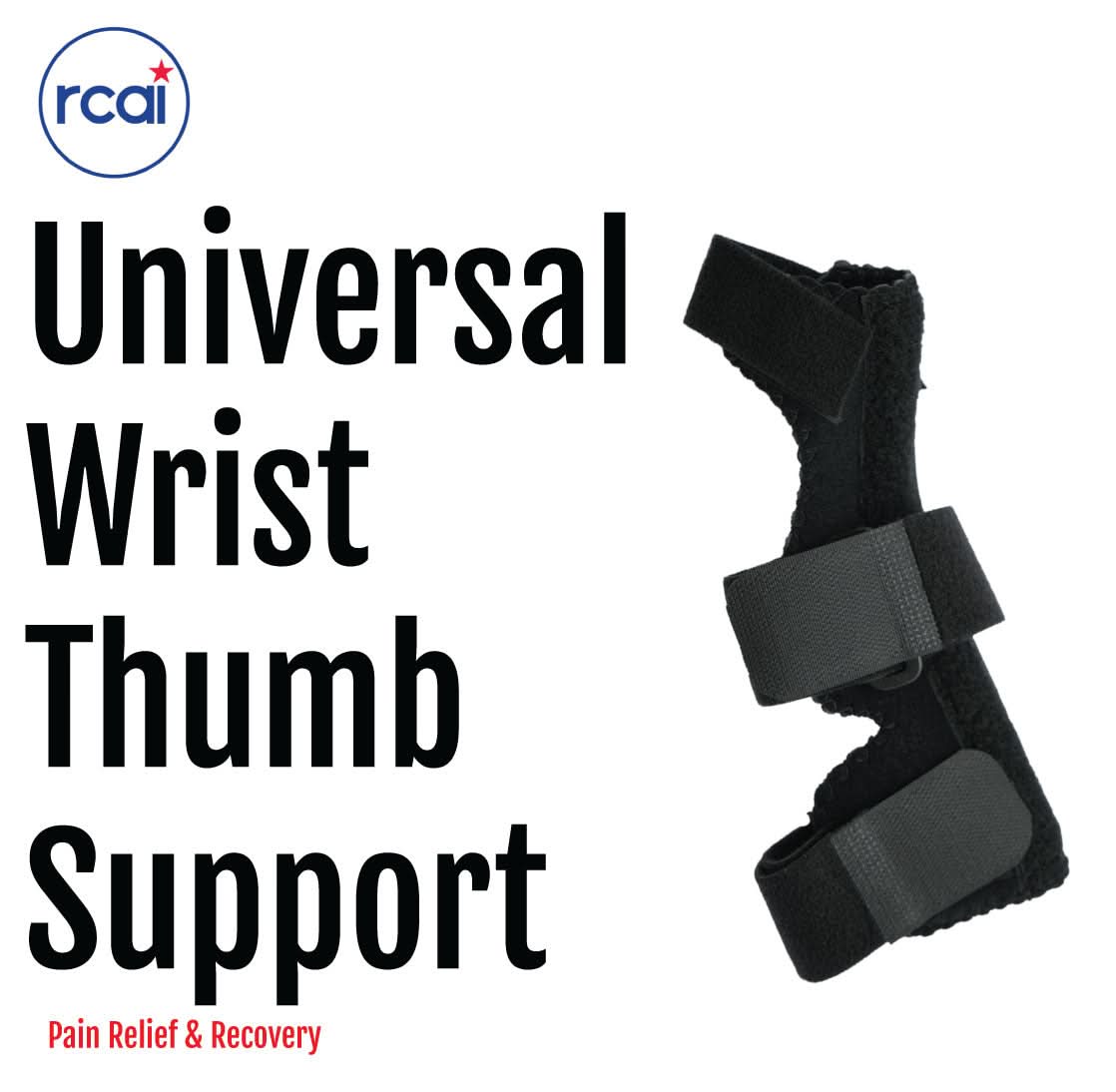 Black Universal Wrist Thumb Support brace with adjustable straps, made in the USA by RCAI, ideal for pain relief and.