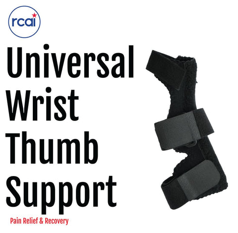 Black Universal Wrist Thumb Support brace with adjustable straps, made in the USA by RCAI, ideal for pain relief and.