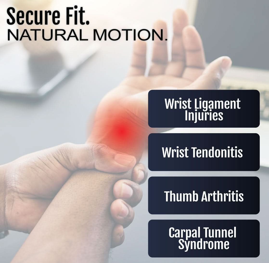 Hand wearing beige Universal Wrist Thumb Support with red highlight on wrist pain points, showing secure fit and natural.