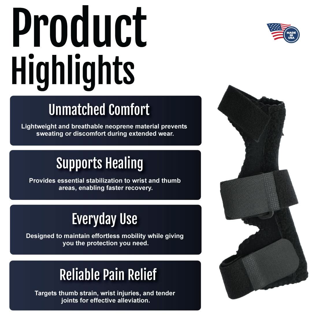 Black neoprene Universal Wrist Thumb Support with adjustable strap, breathable material, made in the USA, RCAI branded,.