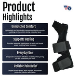 Black neoprene Universal Wrist Thumb Support with adjustable strap, breathable material, made in the USA, RCAI branded,.