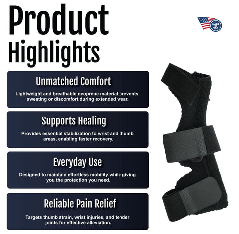 Black neoprene Universal Wrist Thumb Support with adjustable strap, breathable material, made in the USA, RCAI branded,.