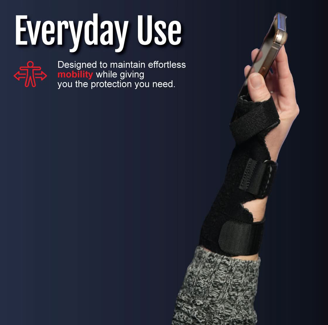 Black universal wrist thumb support brace on raised right hand holding phone, made in the USA, RCAI, best orthopedic braces, .