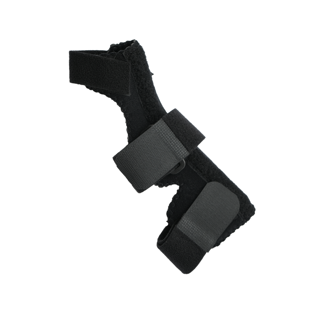 Black Universal Wrist Thumb Support brace with contoured padding and adjustable Velcro straps, made in the USA by RCAI,.