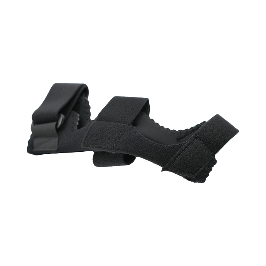 Black Universal Wrist Thumb Support with adjustable Velcro straps, soft padded edges, made in the USA, RCAI b2b orthopedics.