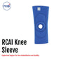 Blue RCAI knee sleeve with central open patella design and reinforced stitching, made in the USA, ideal for b2b orthopedics.