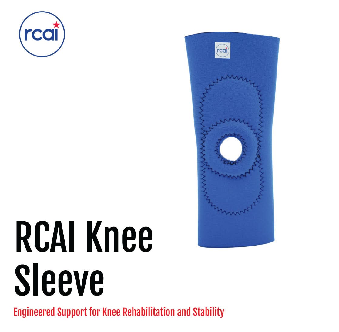 Blue RCAI knee sleeve with central open patella design and reinforced stitching, made in the USA, ideal for b2b orthopedics.