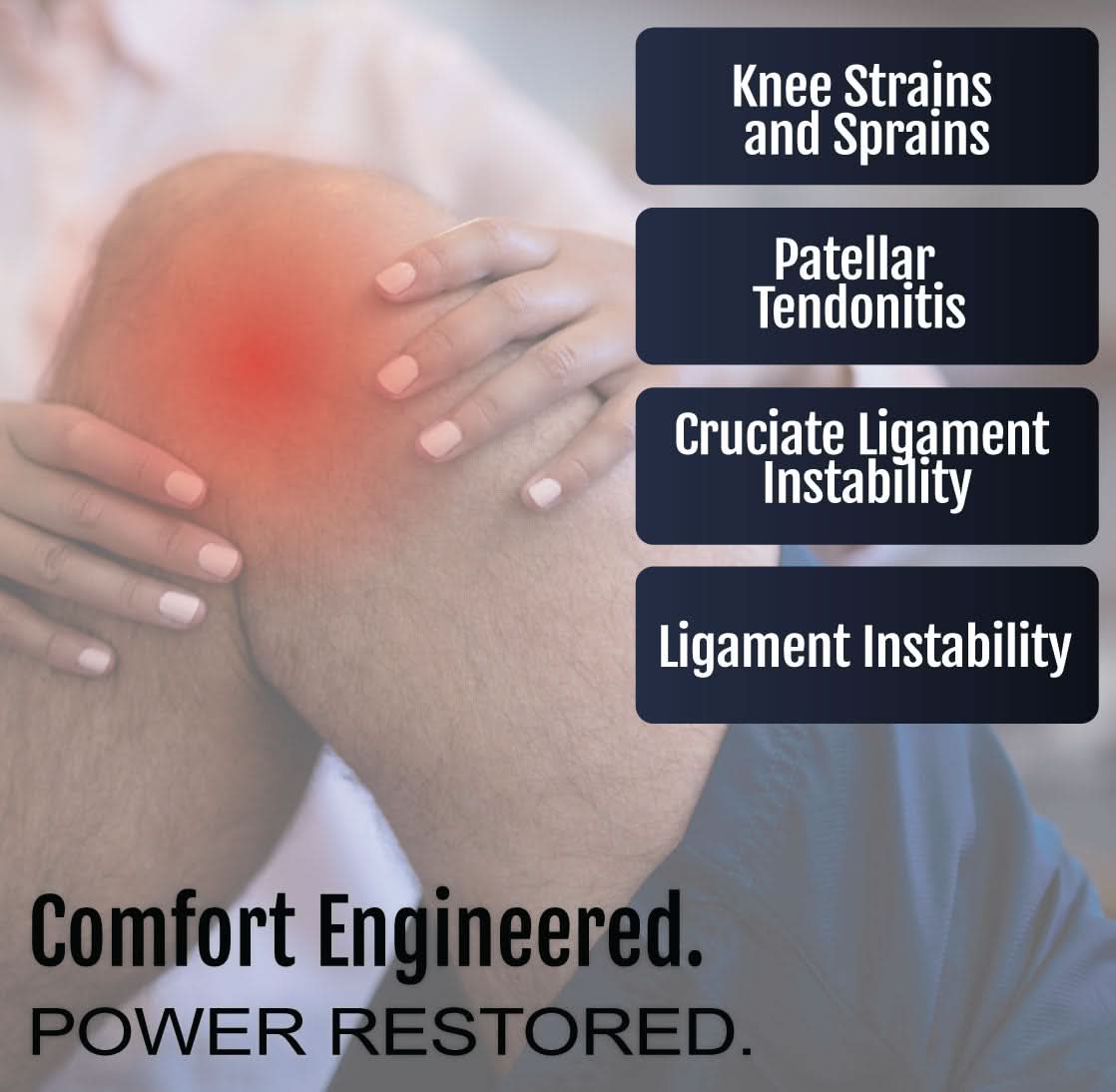 Person holding a red, swollen knee with text highlighting knee strains, sprains, patellar tendonitis, and ligament.
