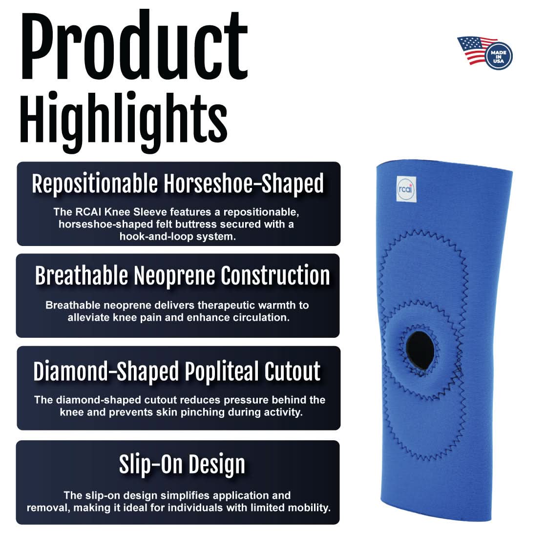 RCAI knee sleeve close-up showing breathable navy blue neoprene with white stitching, diamond-shaped popliteal cutout, and.