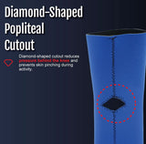 Blue RCAI knee sleeve with diamond-shaped popliteal cutout and black stitching, made in the USA, best orthopedic braces for.
