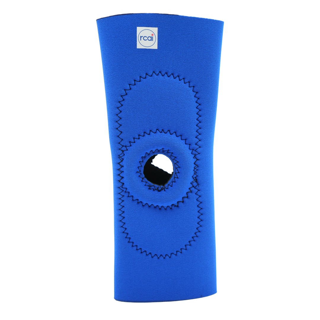 Blue RCAI knee sleeve with reinforced open patella and black zigzag stitching, made in the USA, best orthopedic braces for.