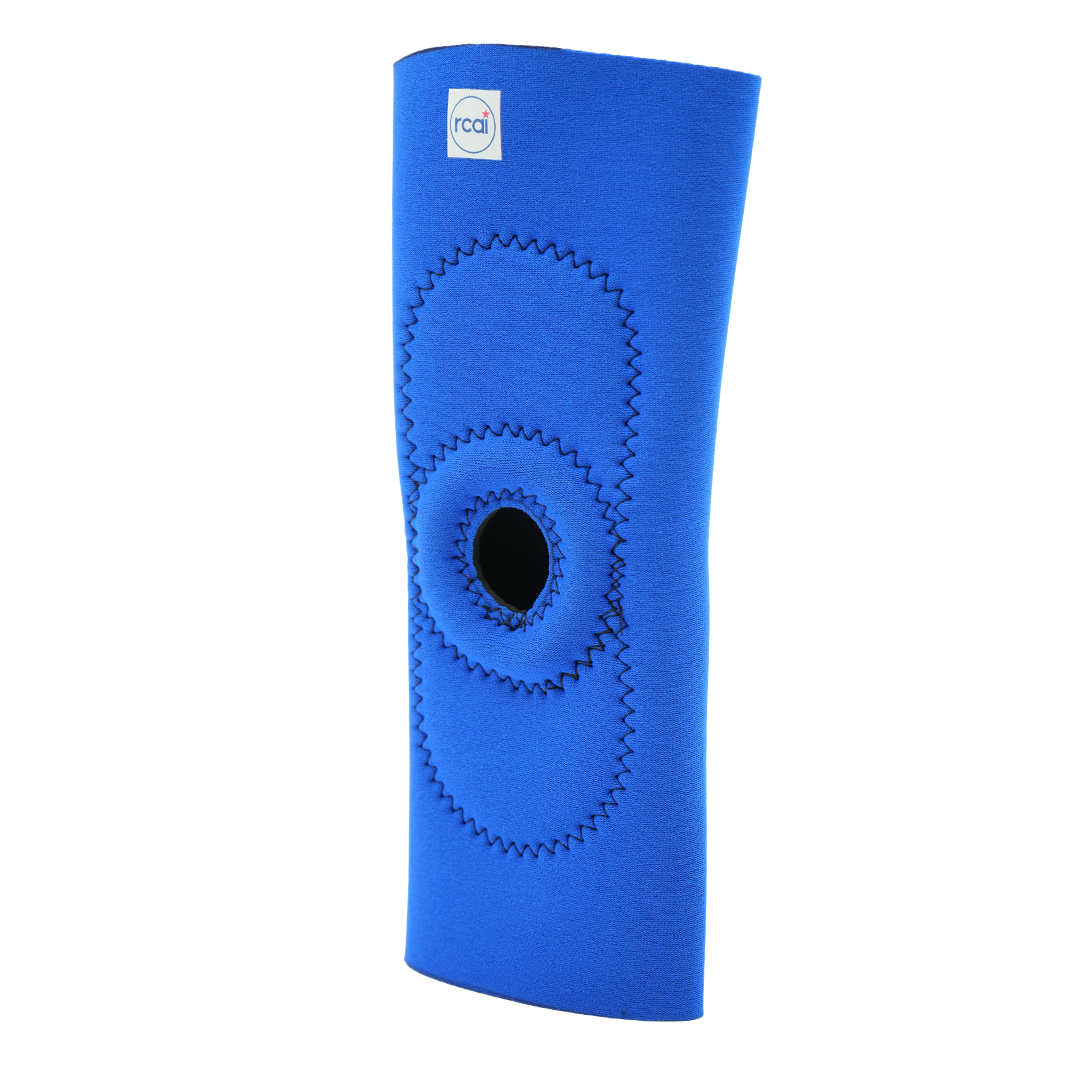Blue RCAI knee sleeve with reinforced circular stitching around open patella, made in the USA for best orthopedic braces,.
