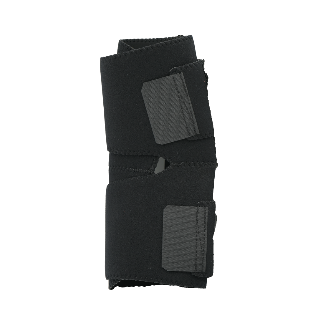 Black wrap-around knee brace with dual wide hook-and-loop straps and reinforced buttress, made in the USA, best orthopedic.
