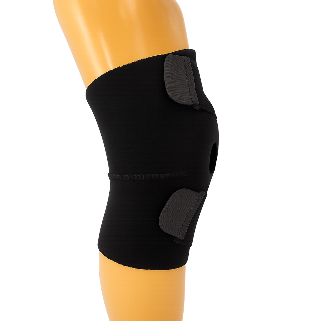 Black wrap-around knee brace with adjustable gray hook-and-loop straps, open patella design, made in the USA, RCAI, B2B.