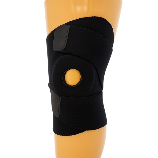 Black wrap-around knee brace with buttress and open patella design, secured by wide adjustable straps, made in the USA, best .