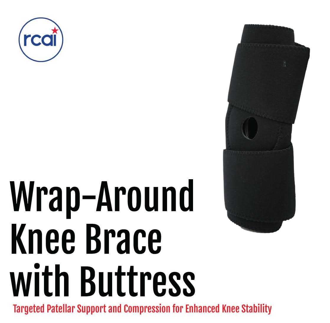 Black wrap-around knee brace with buttress, breathable fabric, adjustable straps, best orthopedic braces, made in the USA,.