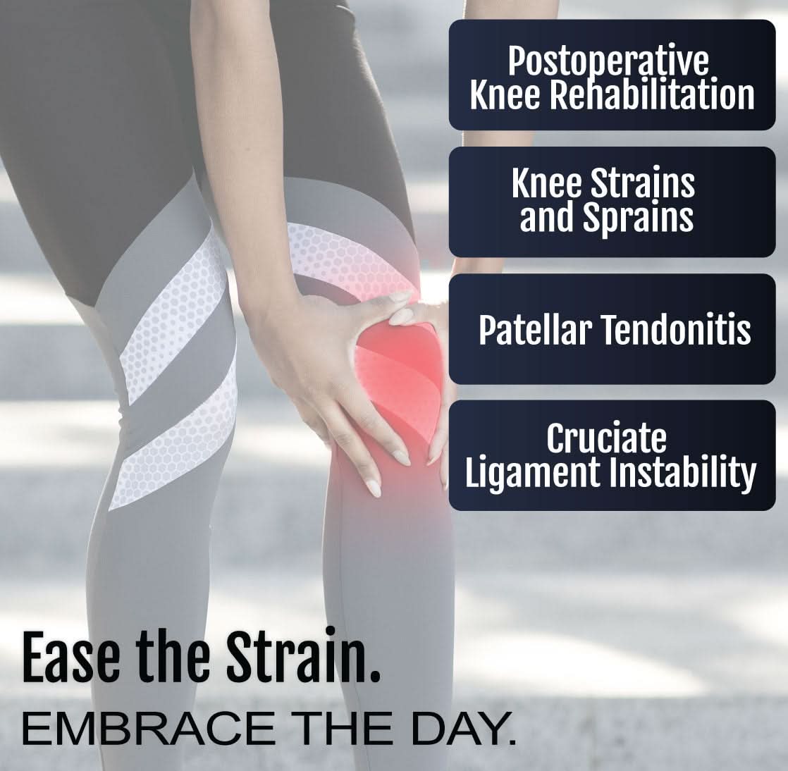 Black wrap-around knee brace with buttress, worn just below the knee, featuring adjustable straps for a secure fit, designed .