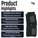 Black wrap-around knee brace with buttress, breathable airprene material, open patella design, adjustable straps, labeled.