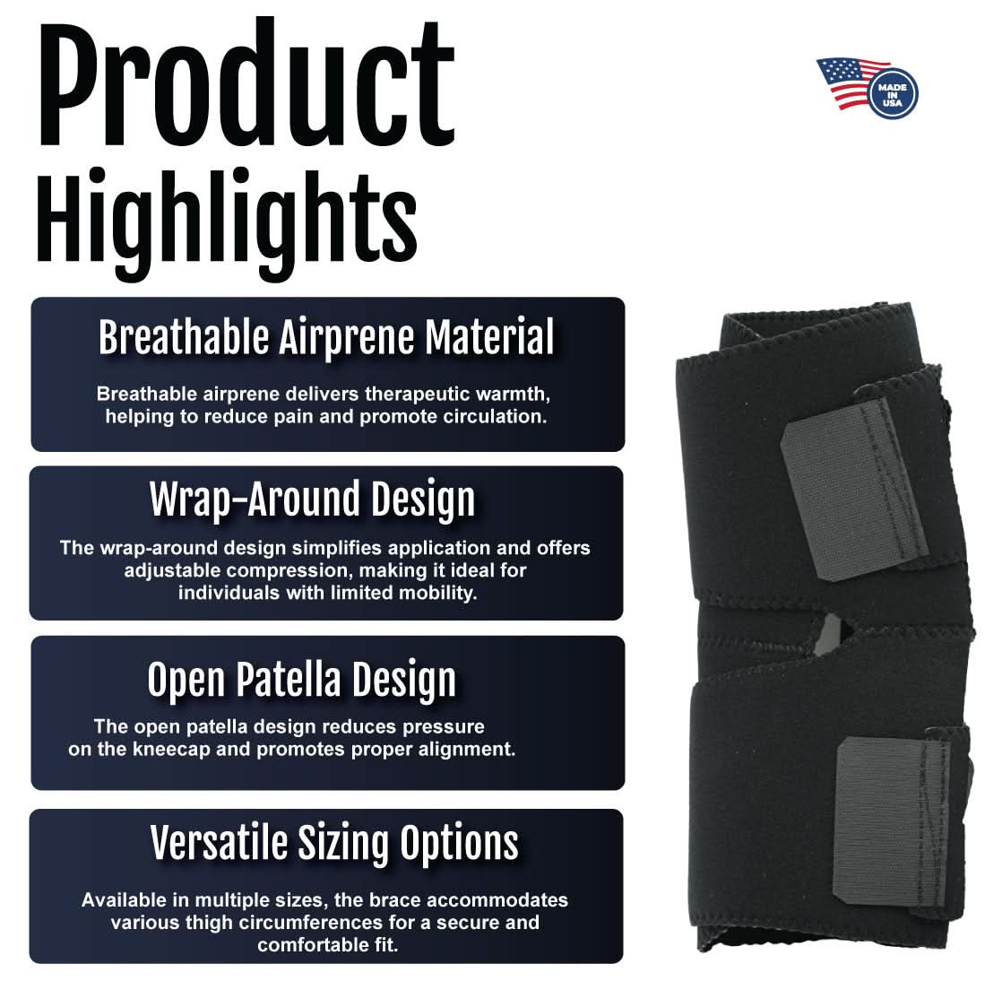 Black wrap-around knee brace with buttress, breathable airprene material, open patella design, adjustable straps, labeled.
