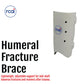 White lightweight humeral fracture brace with adjustable straps, featuring the RCAI logo, made in the USA, ideal for B2B.