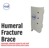 White lightweight humeral fracture brace with adjustable black fasteners, made in the USA by RCAI, ideal for B2B orthopedics .