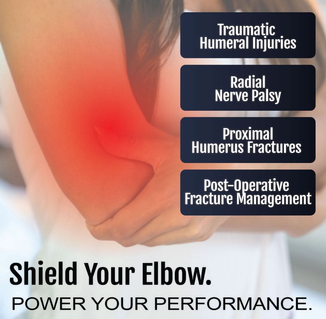 Close-up of an arm with highlighted red area on the elbow showing humeral injury zones, accompanied by text listing.