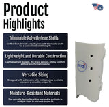 White humeral fracture brace with adjustable trimmable polyethylene shells, moisture-resistant materials, and versatile.