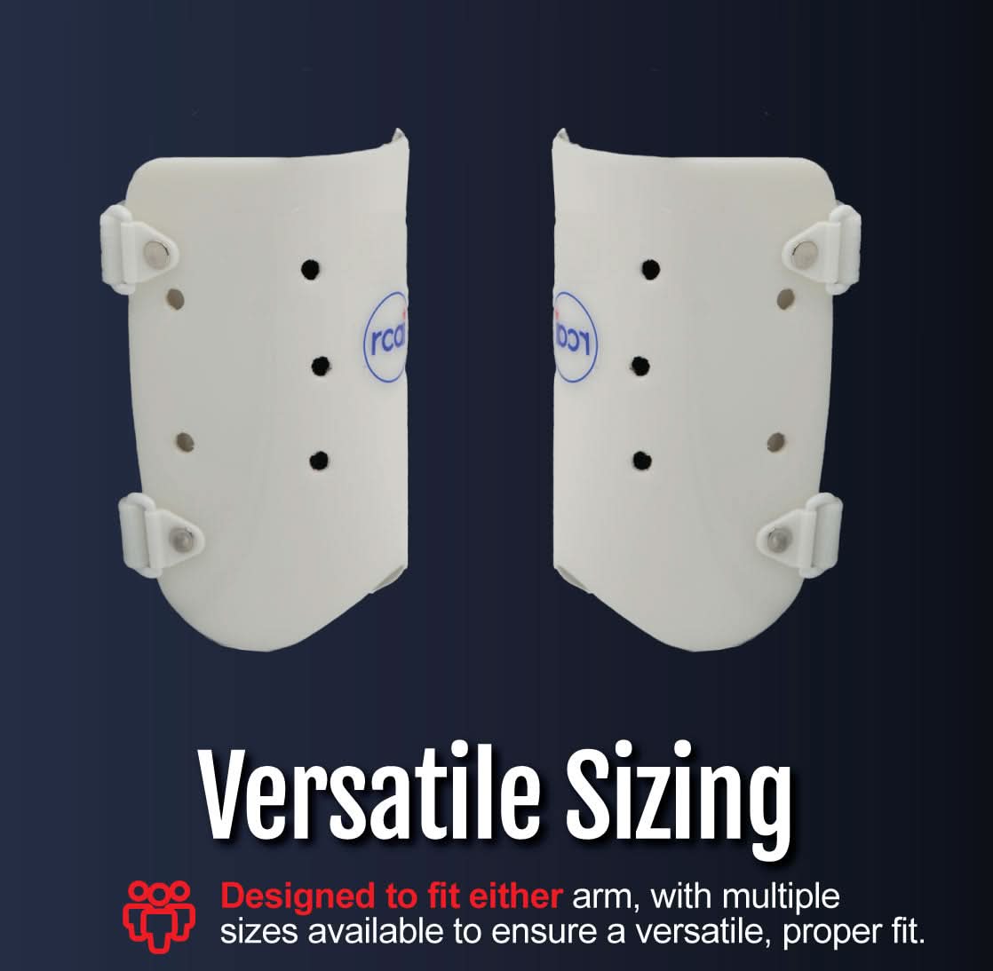 White humeral fracture brace shells with adjustable straps and ventilation holes, showcasing versatile sizing and made in.