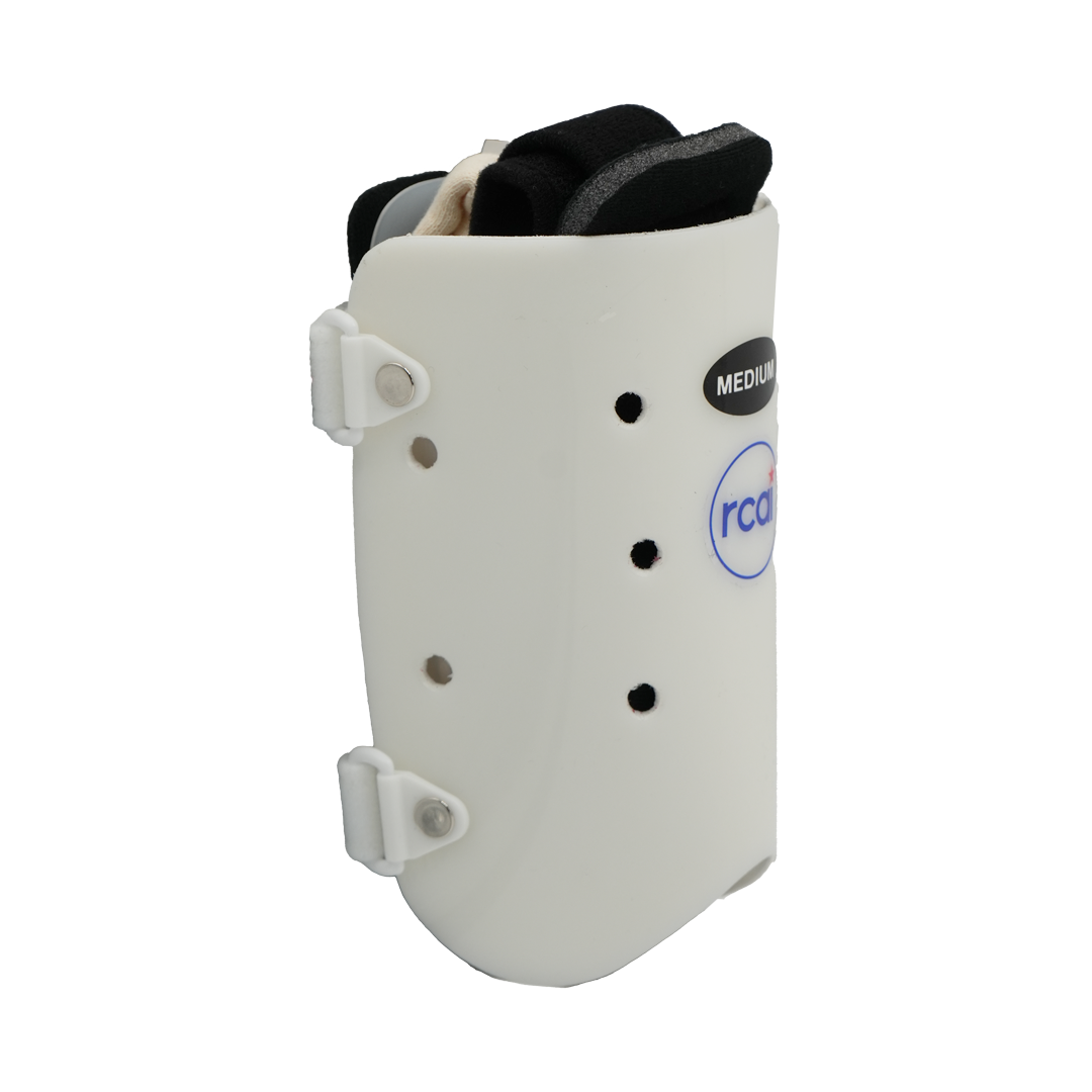 White hard shell humeral fracture brace with black padded interior, adjustable side clasps, medium size label, made in the.