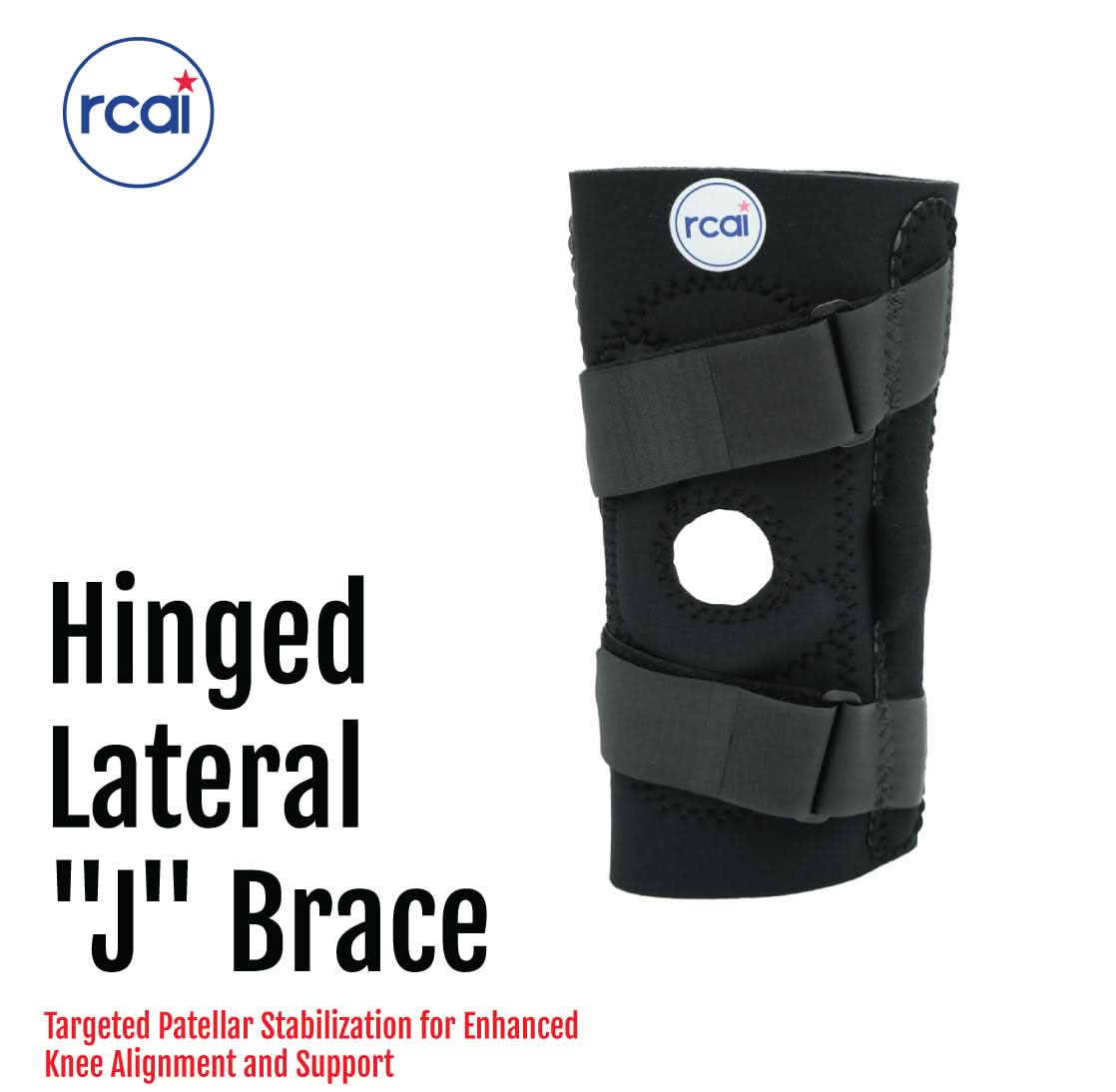 Black hinged lateral "J" knee brace with two adjustable straps and open patella, made in the USA, RCAI orthopedic brace for.
