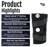 Black hinged lateral "J" brace with open patella, adjustable medial pull straps, tubular lateral "J" buttress, hook-and-loop .