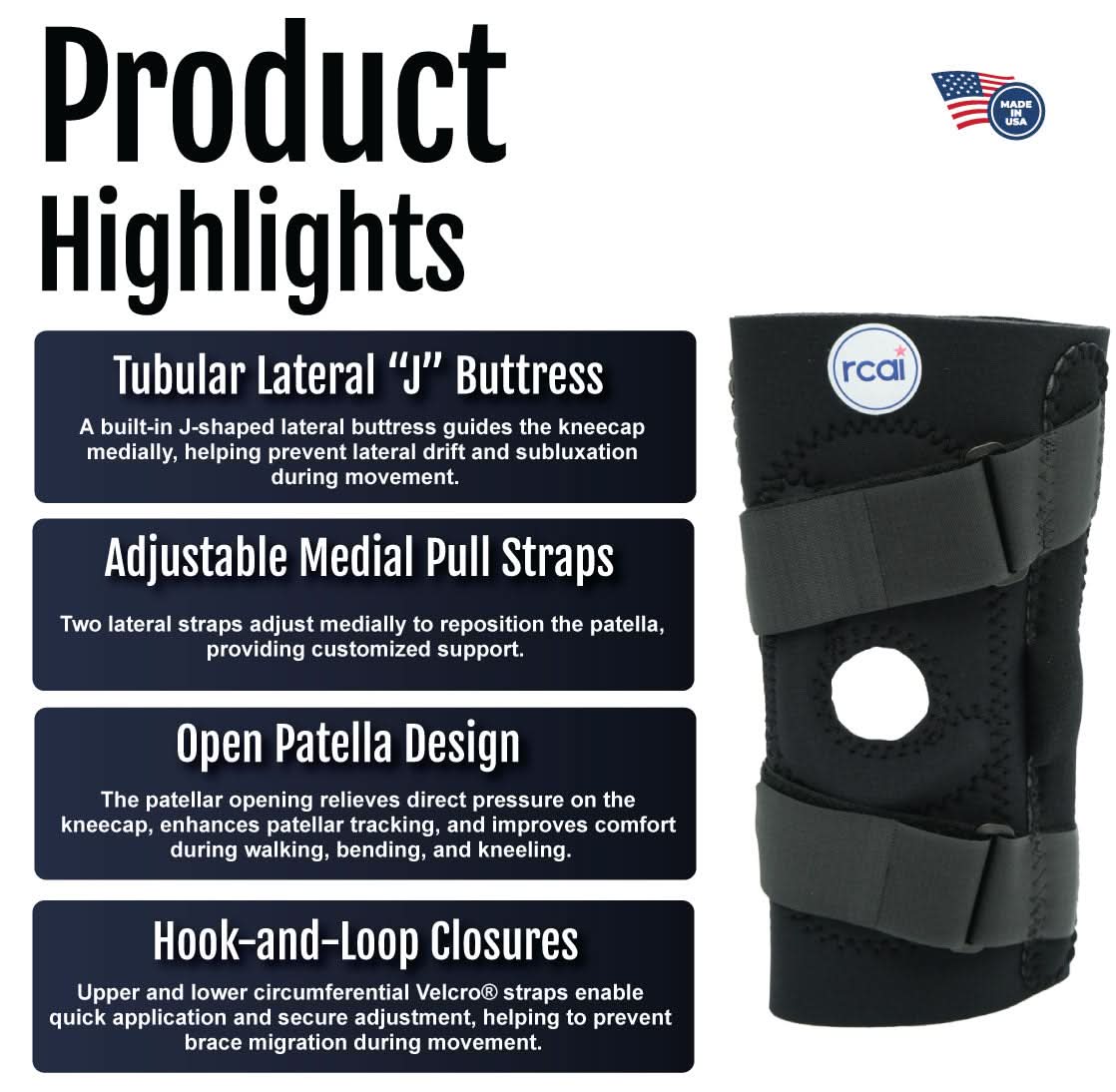 Black hinged lateral "J" brace with open patella, adjustable medial pull straps, tubular lateral "J" buttress, hook-and-loop .