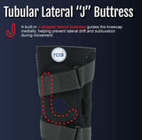 Black hinged lateral "J" brace with tubular J-shaped buttress and adjustable straps, made in the USA, RCAI, best orthopedic.
