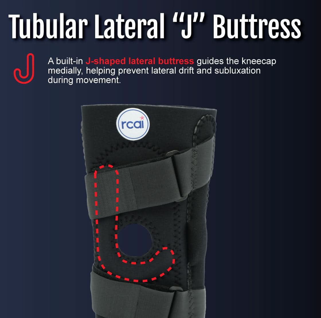 Black hinged lateral "J" brace with tubular J-shaped buttress highlighted in red, featuring adjustable straps, made in the.