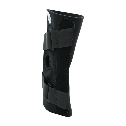 Black hinged lateral "J" brace with adjustable straps and open hinge area, made in the USA, best orthopedic braces by RCAI.