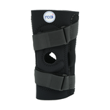 Black hinged lateral "J" brace with circular patella opening, two adjustable Velcro straps, made in the USA, quality RCAI.
