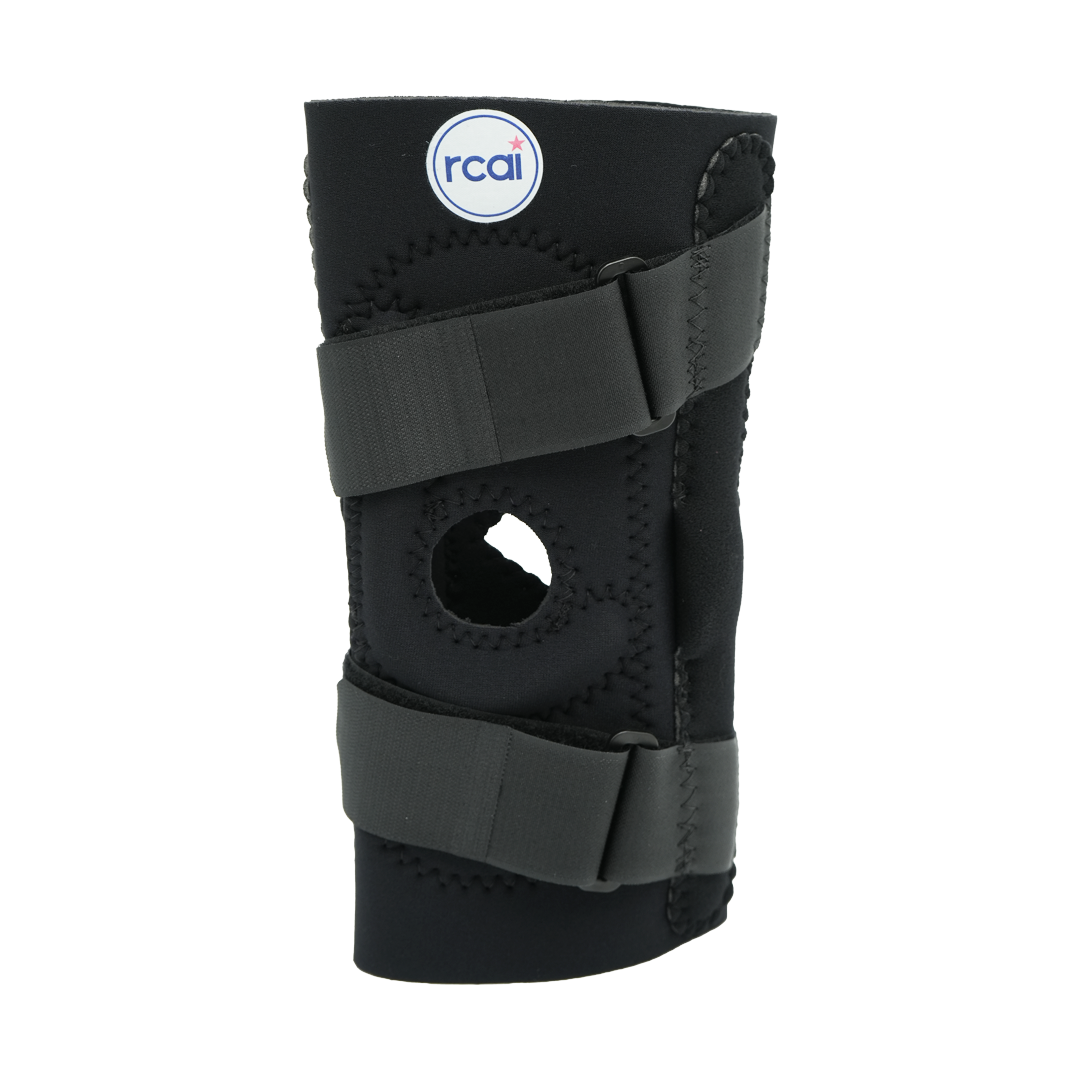 Black hinged lateral "J" brace with cutout center, two adjustable Velcro straps, stitched edges, labeled with rcaI logo,.