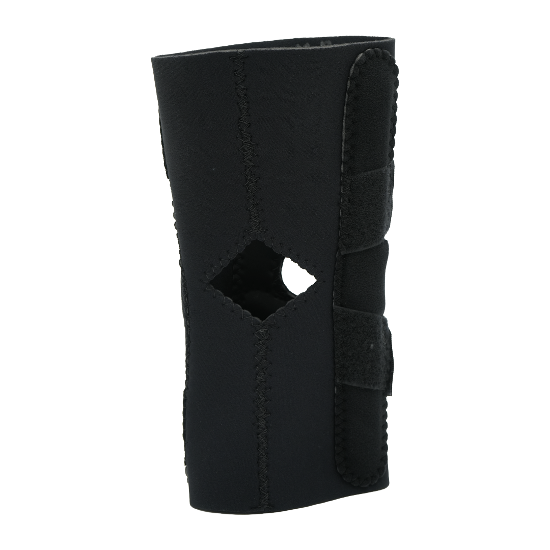 Black neoprene hinged lateral "J" brace with adjustable Velcro straps and open patella design, made in the USA, best.